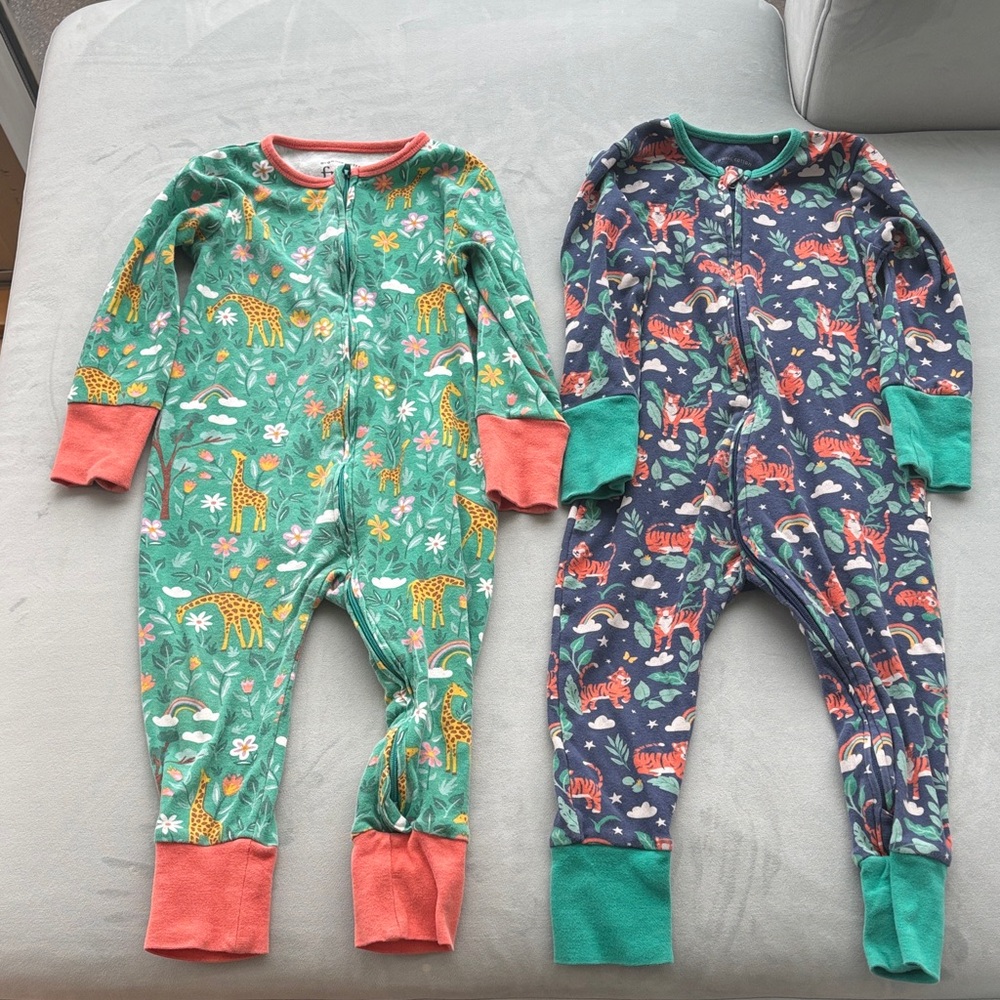 Frugi Bundle of Two Animal Print One Piece Pajamas - Green and Blue